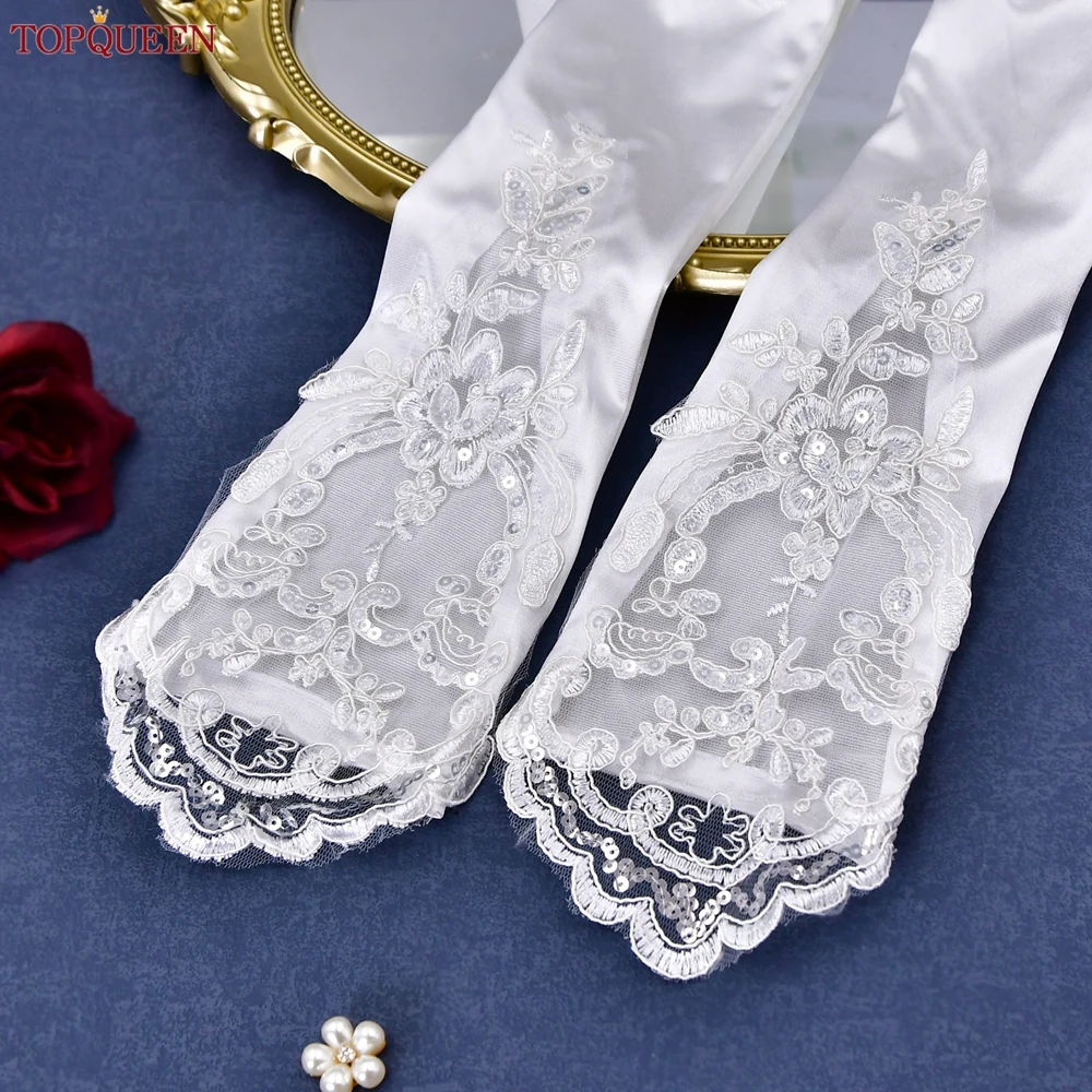 TOPQUEEN guantes de novia de encaje largo hasta el codo guantes de satén para cantar y bailar vestido de boda para fiesta brazo accesorios DIY VM06