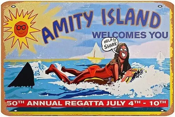 1p,Amity Island Welcomes You Poster Tin Wall Sign Retro Iron Tin Sign Wall Poster Decor Funny Retro Bar Coffee Pub Gift Wall Dec