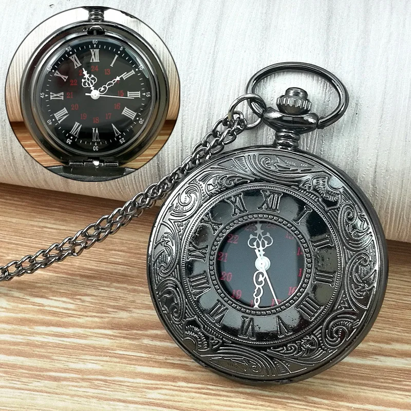 Vintage Charm Black Pocket Watch Fashion Roman Scale Display Steampunk Quartz Pocket Watch Exquisite Necklace Pendant with Chain