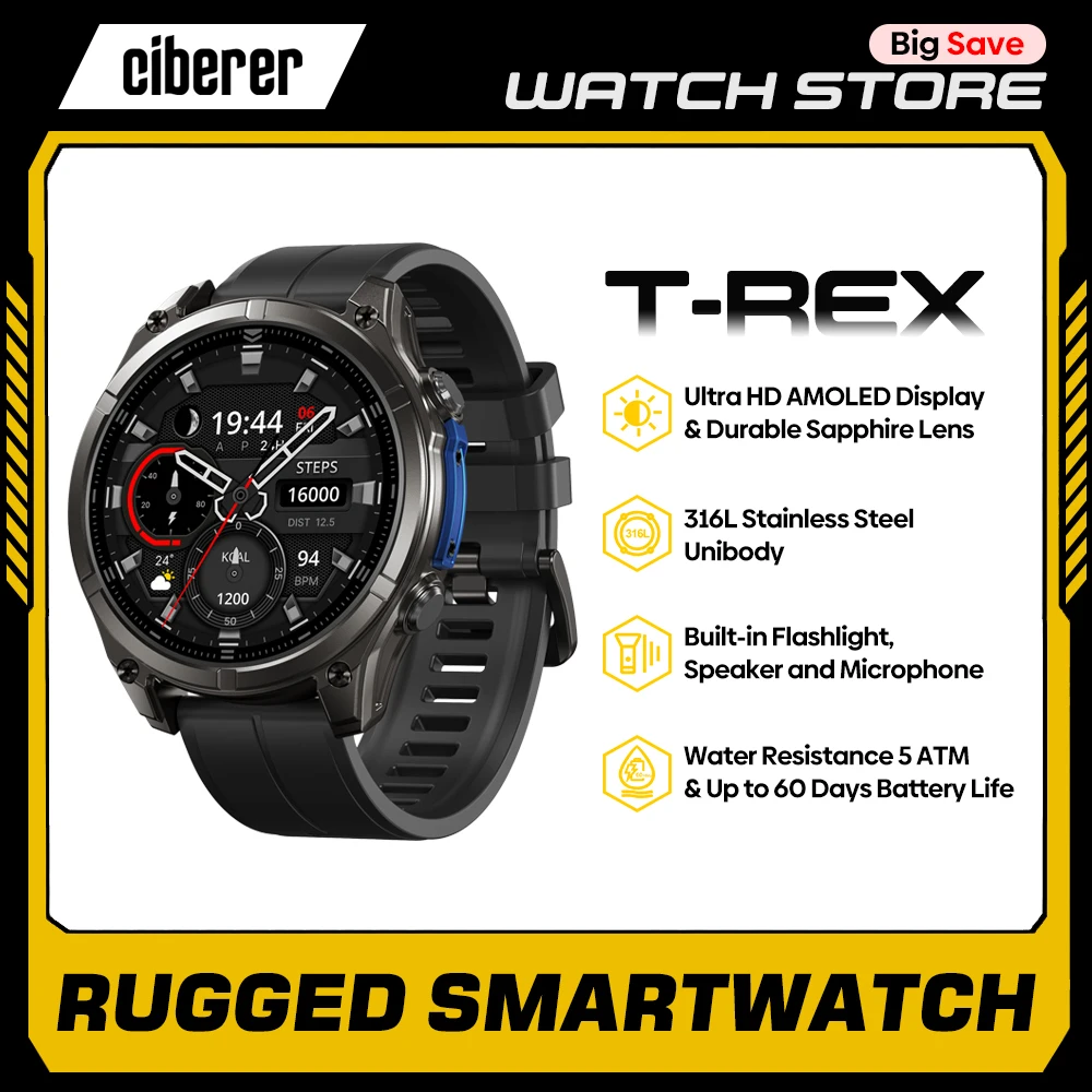 

NEW Ciberer T-Rex VIBE 8 Voice Calling Smartwatch 1.43" AMOLED Display Built-in LED Flashlight Health Monitoring Smart Watch