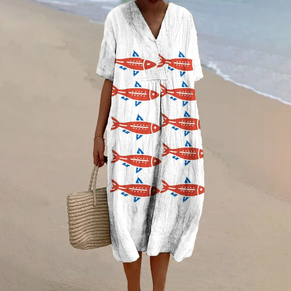 Sardines Fish Print Dress Women 2024 Maxi Baggy Dress Vintage V Neck A-line Elegant Dresses Luxury Brand Linen Beach Skirt