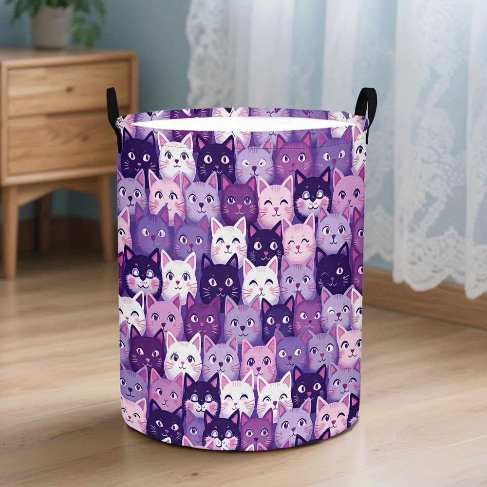 Large Round Foldable Laundry Hamper Basket with Cute Purple Pink White Black Tabby Print Heavy Duty Cloth-Like Clothes - view 6