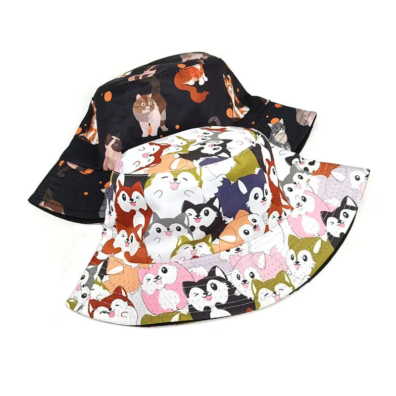 2024 Four Seasons Polyester Cartoon Cat Print Bucket Hat Fisherman Hat Outdoor Travel Sun Cap For Men And Women 05