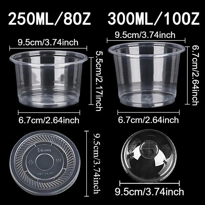 50PCS Transparent Plastic Cup with Lid Dome Shaped Flat Lid Pudding Cup Suitable for Fruit Juice Coffee Ice Cream Cake Container
