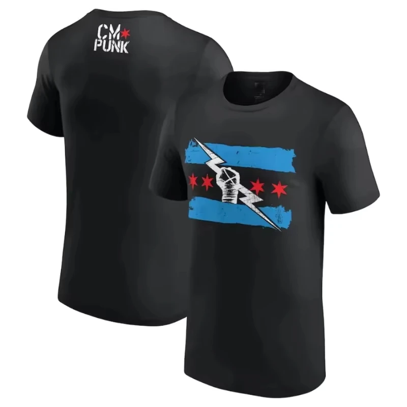 2026 Vintage Chicago Flag Lightning T-Shirt Kids Adults Blue Star Bolt Print Double Sided Loose Family Matching Tee