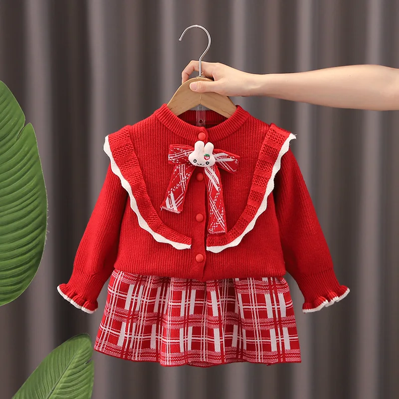 Autumn Winter Babys Girl 2PCS Clothes Set Rabbit Knotbow Knit Long Sleeve Cardigan Kid Girl Outfit Plaid Skirt Infant Girl Suits