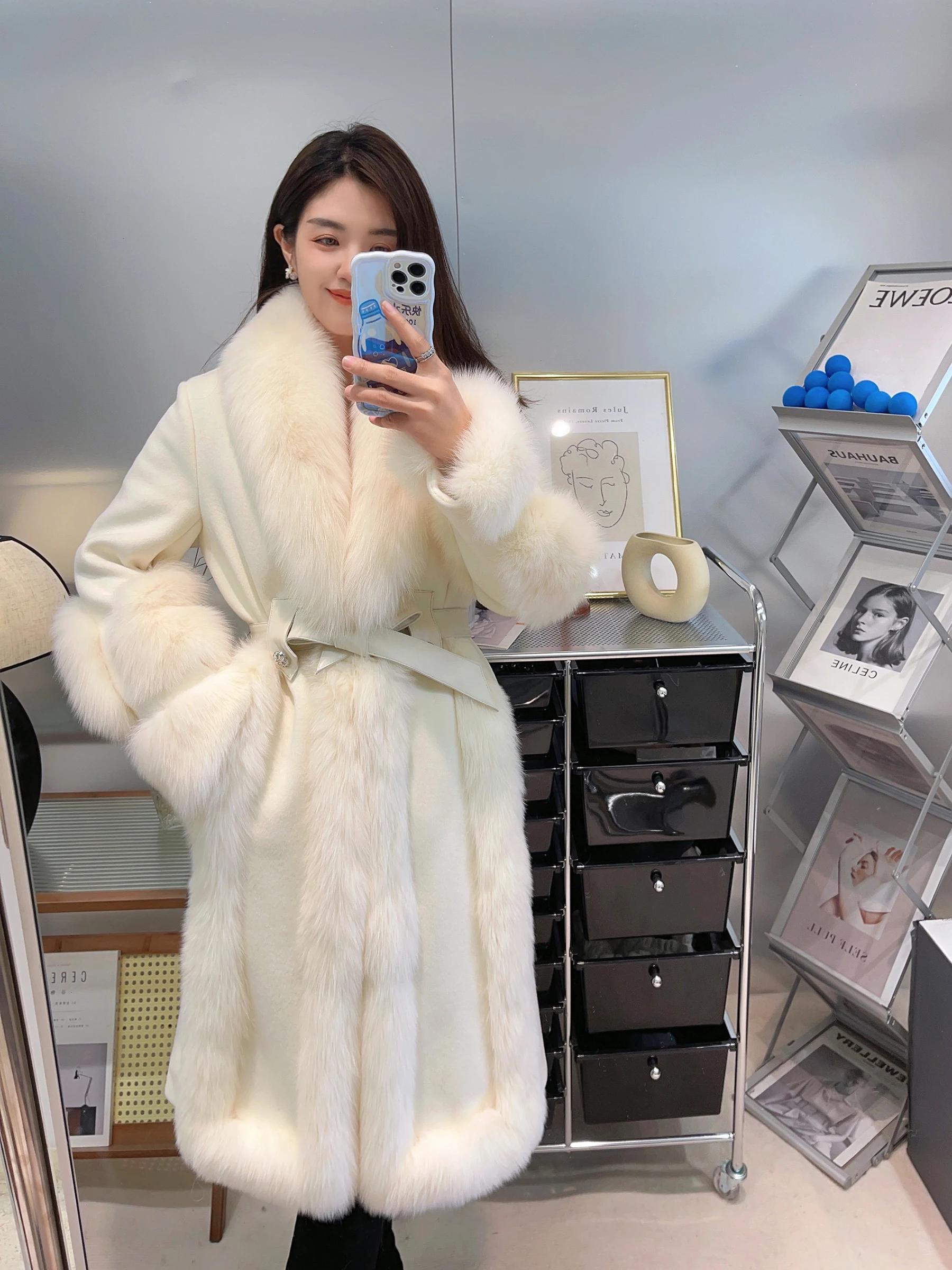 2023 New Winter Women Natural Real Fox Fur Collar Goose Down Jacket Thick Warm Wool Coat Detachable Belt Luxury Jackets