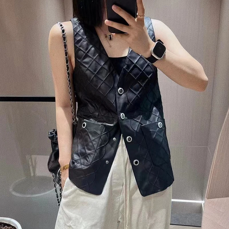 Minimalist Leather Suit Vest For Women Ladies Genuine Sheepskin Diamon Plaid White Sleeveless Jacket V-neck Chaleco Mujer Outfit