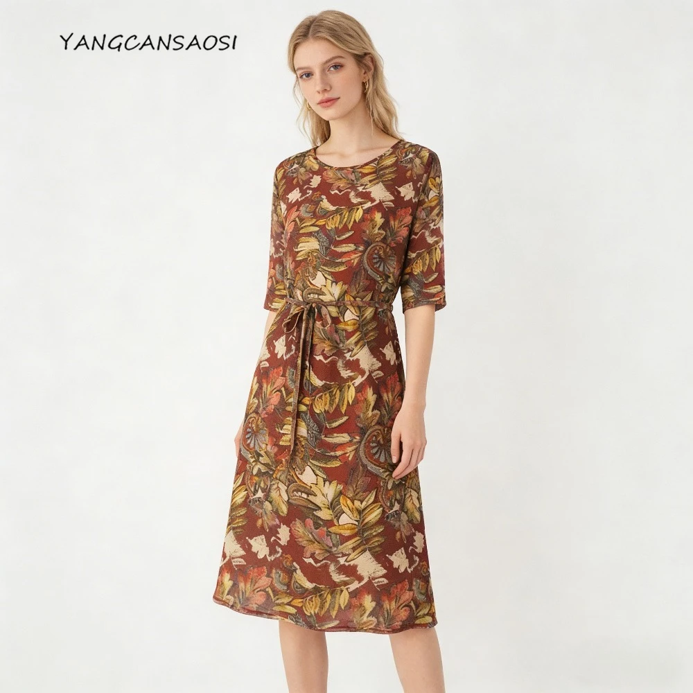 

2026 New 100% Natural Mulberry Silk Georgette Dress, Women's Casual Deep Red Leaf Oil Painting Round Neck Half Sleeved Dress