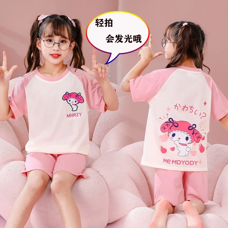 

Kawaii Sanrio Childrens Pajamas Summer Thin Children's Short Sleeve Shorts Set Cartoon Kuromi Melody Home Furnishing Set New