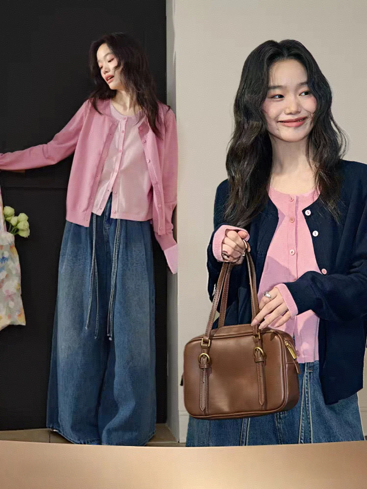 

Loose Women's Knitted Cardigan in k Blue with Fake Two-Piece Design Suitable for Early Autumn Commute Sle Long Sve