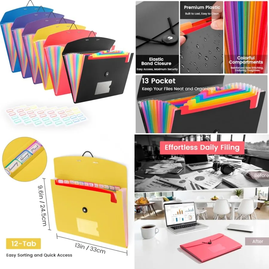 

6 Pack Accordion File Organizer with Labels 13-Pocket Expanding File Folder for Letter Size A4 Papers Perfect for Home Organiza