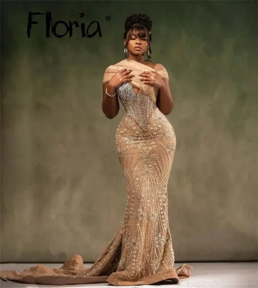 Floria Shining Sequins Champagne Party Maxi Long Dresses With Tail Aso Ebo Women Wedding Guest Gowns Reception Prom Dresses