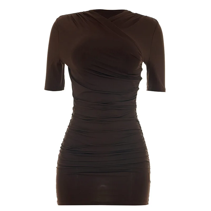 Elegantes Gerafftes Minikleid Damenmode Einfarbiges Vintage Braunes Bodycon Sexy Kleid Sommer Hochgeschnittenes Party Y2k Damenkleid – Detail 12