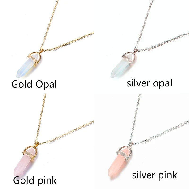 Luxury Jewelry Hexagonal Column Quartz Necklaces Pendants Fashion Natural Stone Bullet Pink Crystal Pendant Necklace for Women