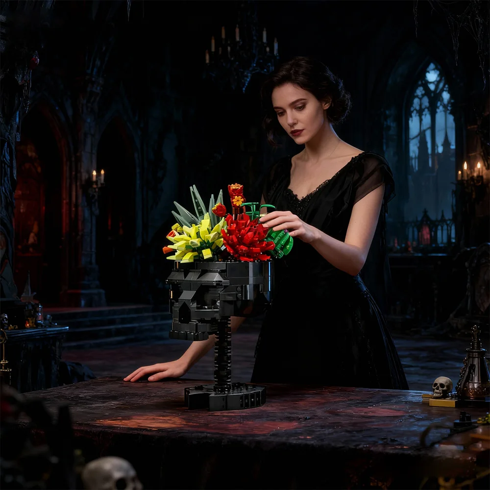 

MOC Skull Flower Ornaments Building Blocks Model Gothic Blacks Skull Flowers Plant Pot Decorate Bricks Assembly Toys Kids Gifts
