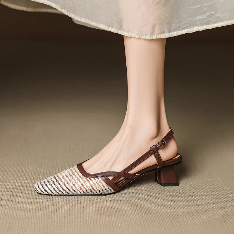 

Handmade Genuine Leather Mesh Closed Toe Pointed Sandals Women Summer Fashion Comfortable Lace Up Party High Heels