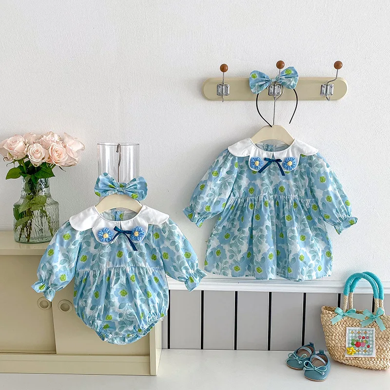 2024 Blue Printed Girl Dress Cotton Baby Girls Dresses Newborn Flower Turn Down Collar Romper Autumn Cute Bodysuits Clothing