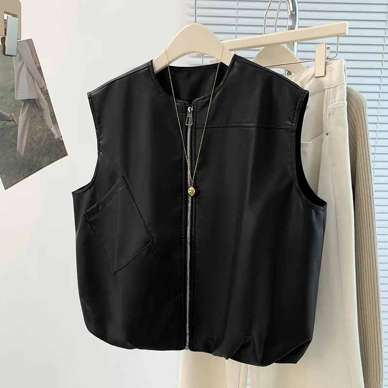 

Casual Loose Workwear Sle Zipper PU Leather Jaet Open Cardigan Autumn New Sle Women's Faion Outerwear without Brand