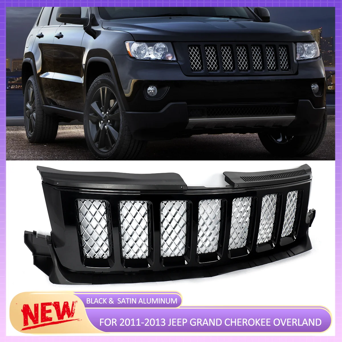 Car Upper Bumper Hood Mesh Grid for 2011 2012 2013 Jeep Grand Cherokee Overland Gloss Black Grille Satin Aluminum Mesh Hood