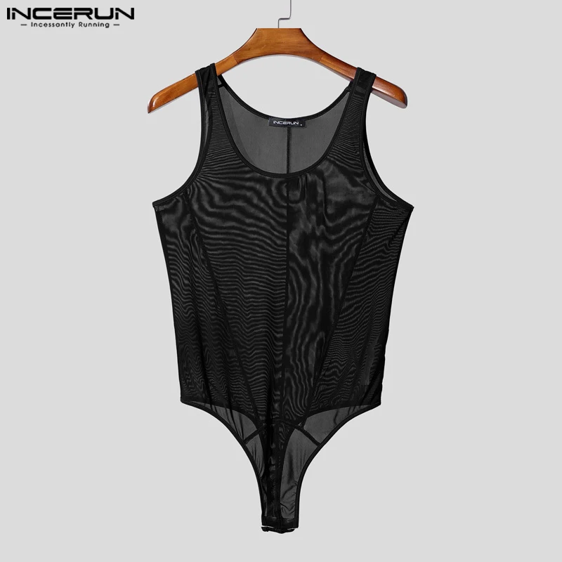 INCERUN Men Bodysuits Solid Color Mesh Transparent O-neck Sleeveless Male Rompers Sexy 2025 Playsuits Fashion Cozy Bodysuit Men