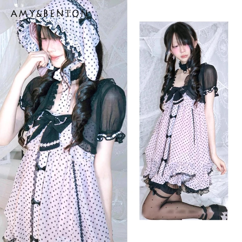 

Korean Sweet Cute Pink Polka Dot Women's Dress 2025 Summer Design Loose Thin Chiffon Bow Sleeveless Vest Sling Dresses Ladies