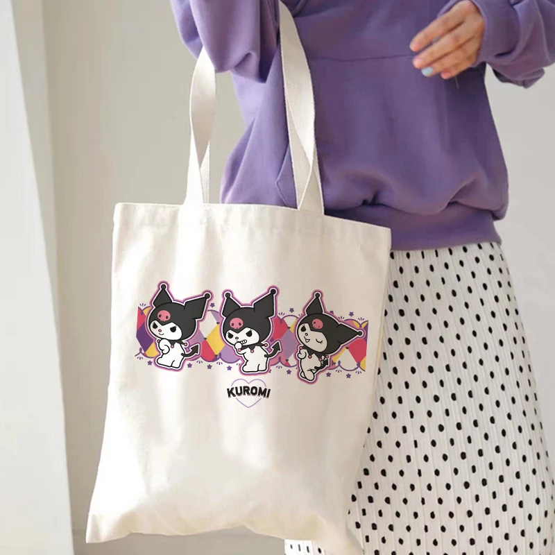 Kawaii Harajuku Kuromi Tote Bag Shopper Canvas Shoulder Bag Eco Sanrio Casual Shopping Bag Women Tote Female