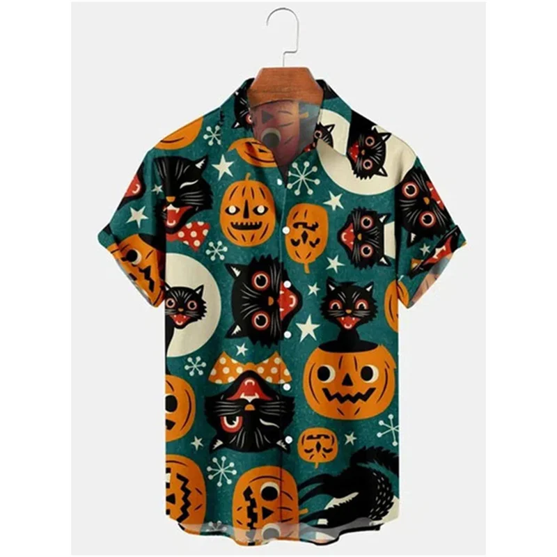 Halloween Little Devil Graphic Hawaiian Shirt For Men Pumpkin Cat 3D Printed Aloha Shirts Casual Short Sleeve Lapel Tops Blouse