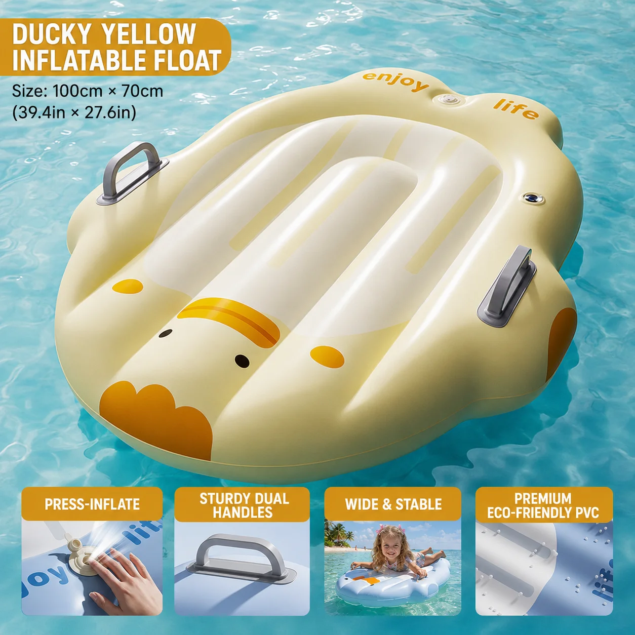 Penguin Inflatable Surfboard Float with Dual Handles, Press-to-Inflate Water Board for Pool Beach Summer Fun view 5