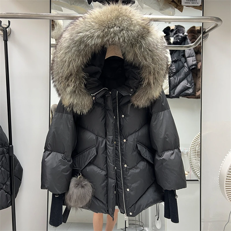 WinterNew Arrival HighQuality Female PufferJacket withReal Otter Fur Collar MidLength Loose Thickened Knitted Splicing Outerwear