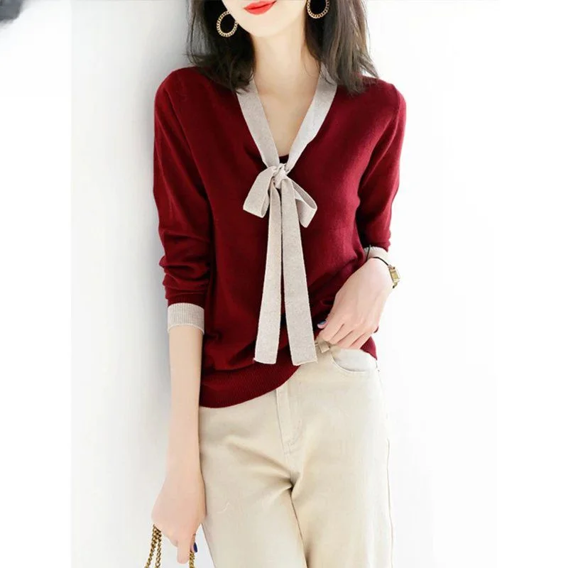 

Women 2024 Spring Autumn Fashion Long Sleeve Bow Pullovers Female Solid Color Sweater Tops Ladies V-neck Knitted Jumpers S159