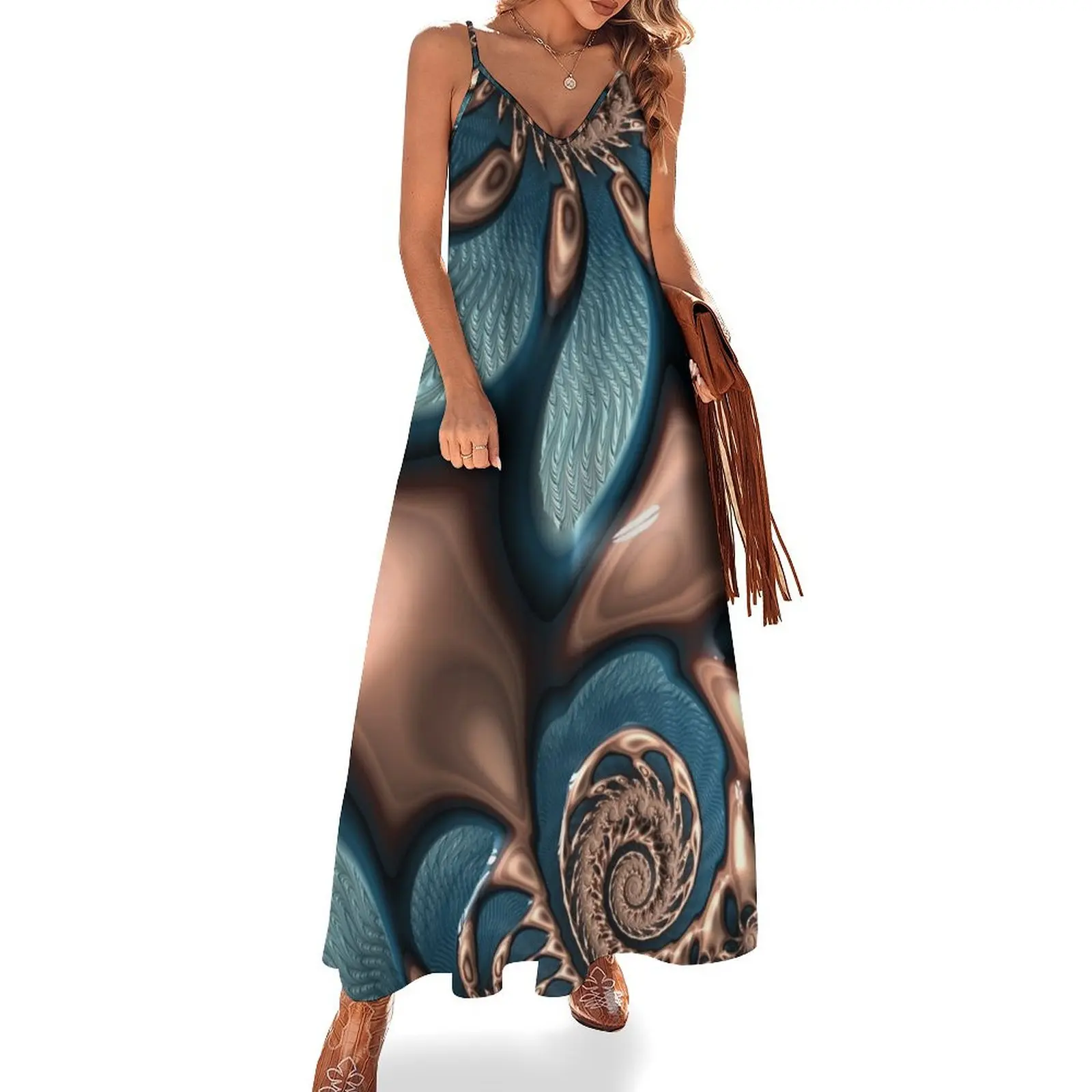 Teal and Chocolate Swirl - Blue Brown Fractal Spirals Sleeveless Dress Dress for girls Dress woman party dresses woman