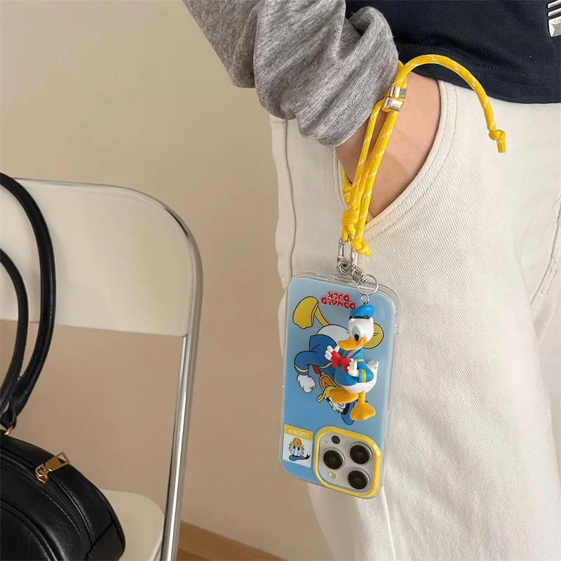 Disney süße Donald Duck lustige Cartoon weiche Silikon Handyhülle für iPhone 15 14 13 12 Pro Max Donald Duck Puppe Lanyard Anti-Drop