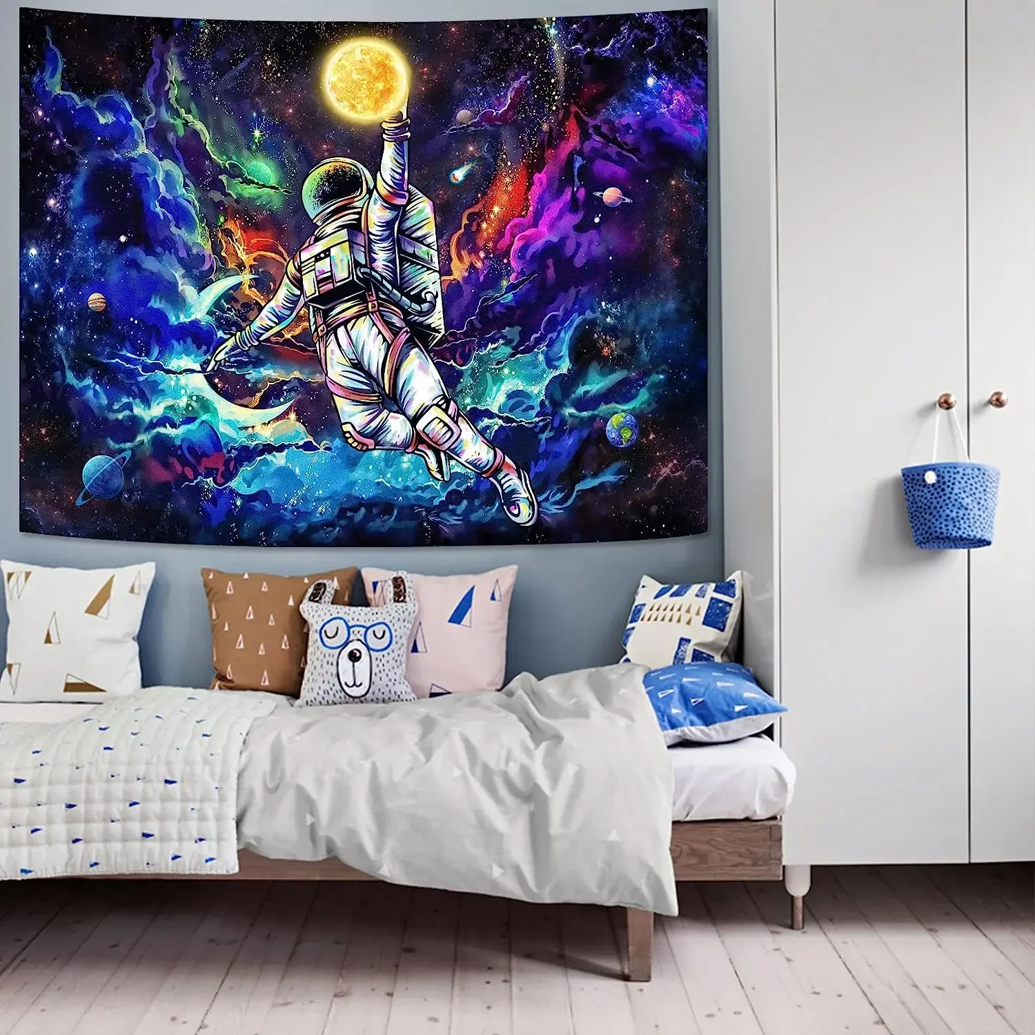 Blacklight Astronaut Space Tapestry, UV Reactive Galaxy Universe Planet Glow in Dark Tapestries for Men, Boys and Teens
