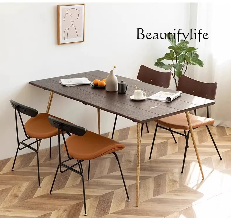 Retro solid wood dining table Nordic wrought iron rectangular dining table Modern minimalist light luxury oak dining table and