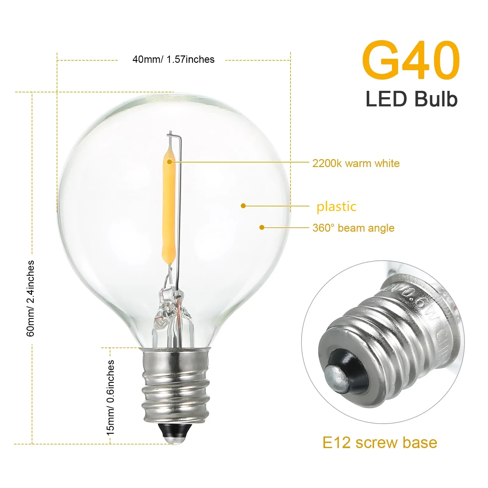 25pcs G40 Replacement Light Bulbs E12 3V/220V Screw Base Plastic Globe Bulbs for String Light Indoor Outdoor Decor Warm White