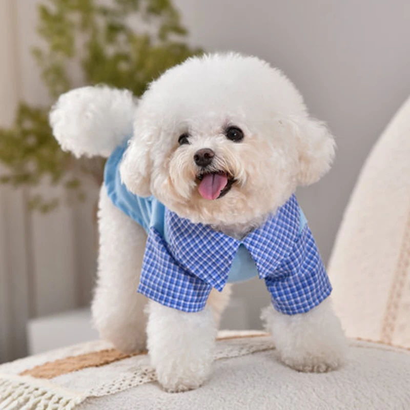 Spring Summer Pet Fake Two-Piece Shirts Breathable Cool Dog Clothes For Large Small Medium Dogs Plaid Short Sleeves Puppy Outfit