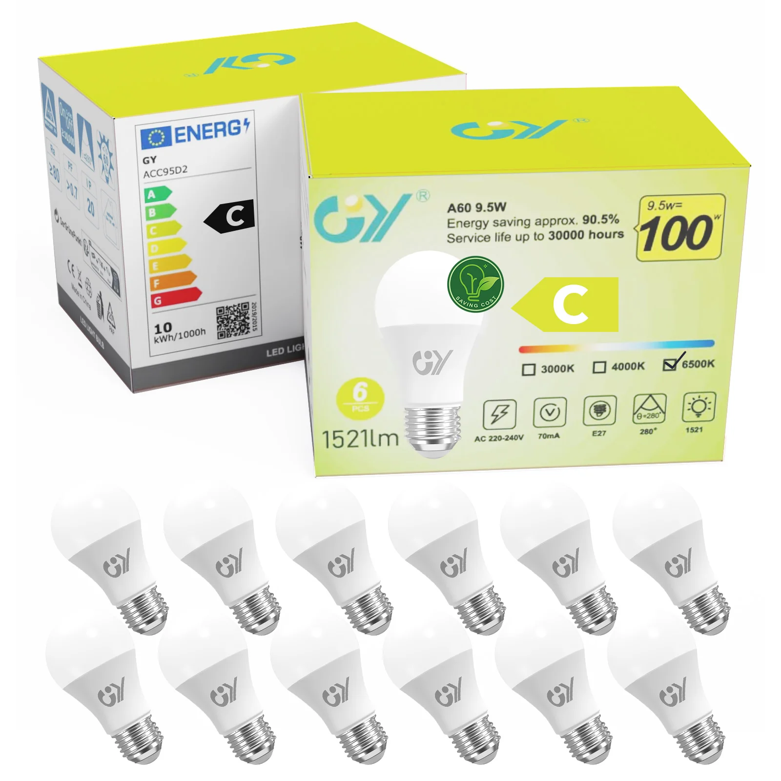 

GY E27 LED Light Bulb 9.5W 1521 Lumens, 100W Halogen Replacement, New Energy Efficiency Class C, Non-dimmable A60 LED Bulbs