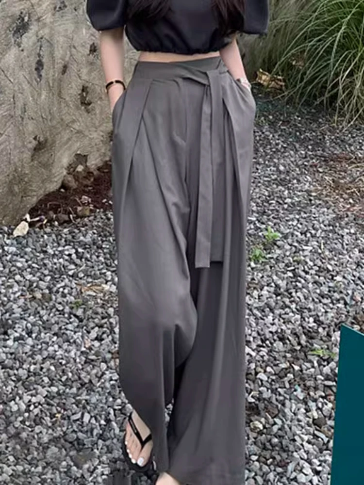 

2025 New Korean Fashion Pants Solid Color High Waist Folds Lace-up Pantalones Mujer Female Slim Design Elegant Women's Clothing