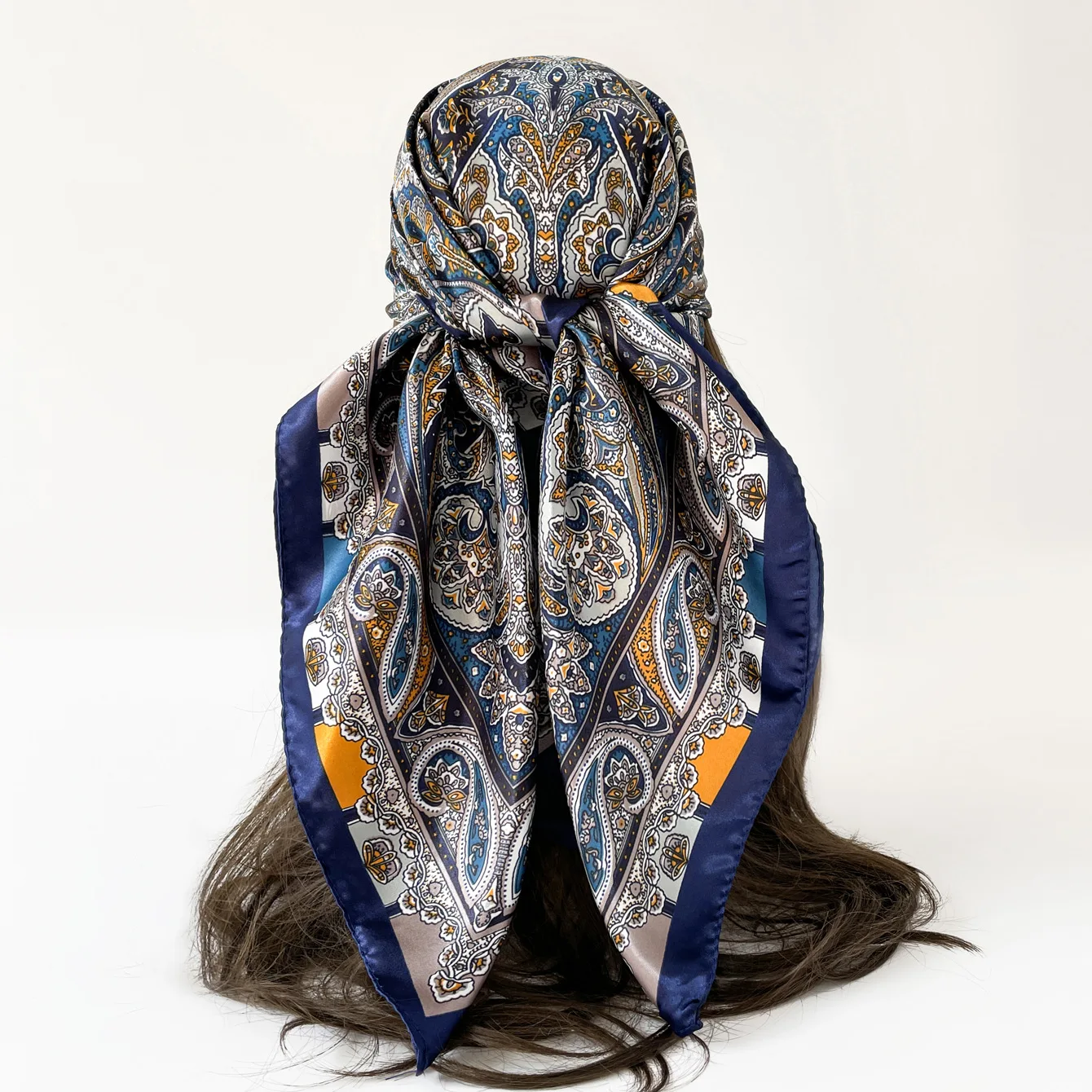 

Women's 90cm Satin Paisley Print Square Scarf, Multi-Functional Head Wrap & Sun Protection Shawl, Versatile Neck Scarf