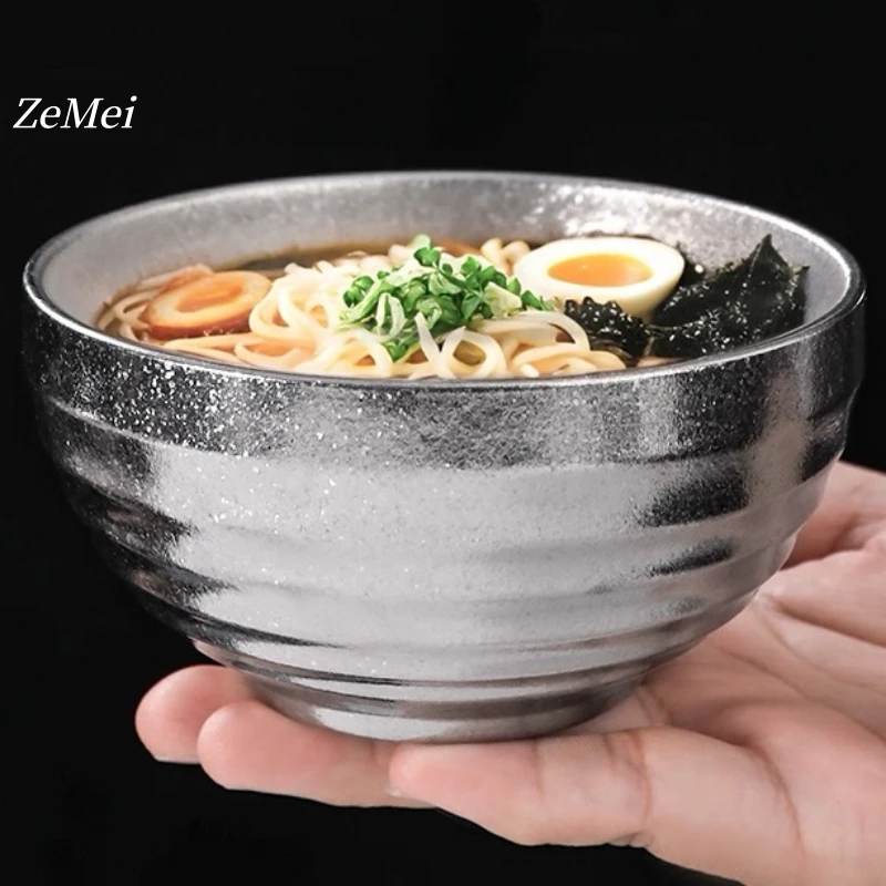 Pure Titanium Double-Layer Insulated Soup Bowl,12 cm Silver-Gray Thread Texture Home Food Storage Titanium Salad Bowl Tableware