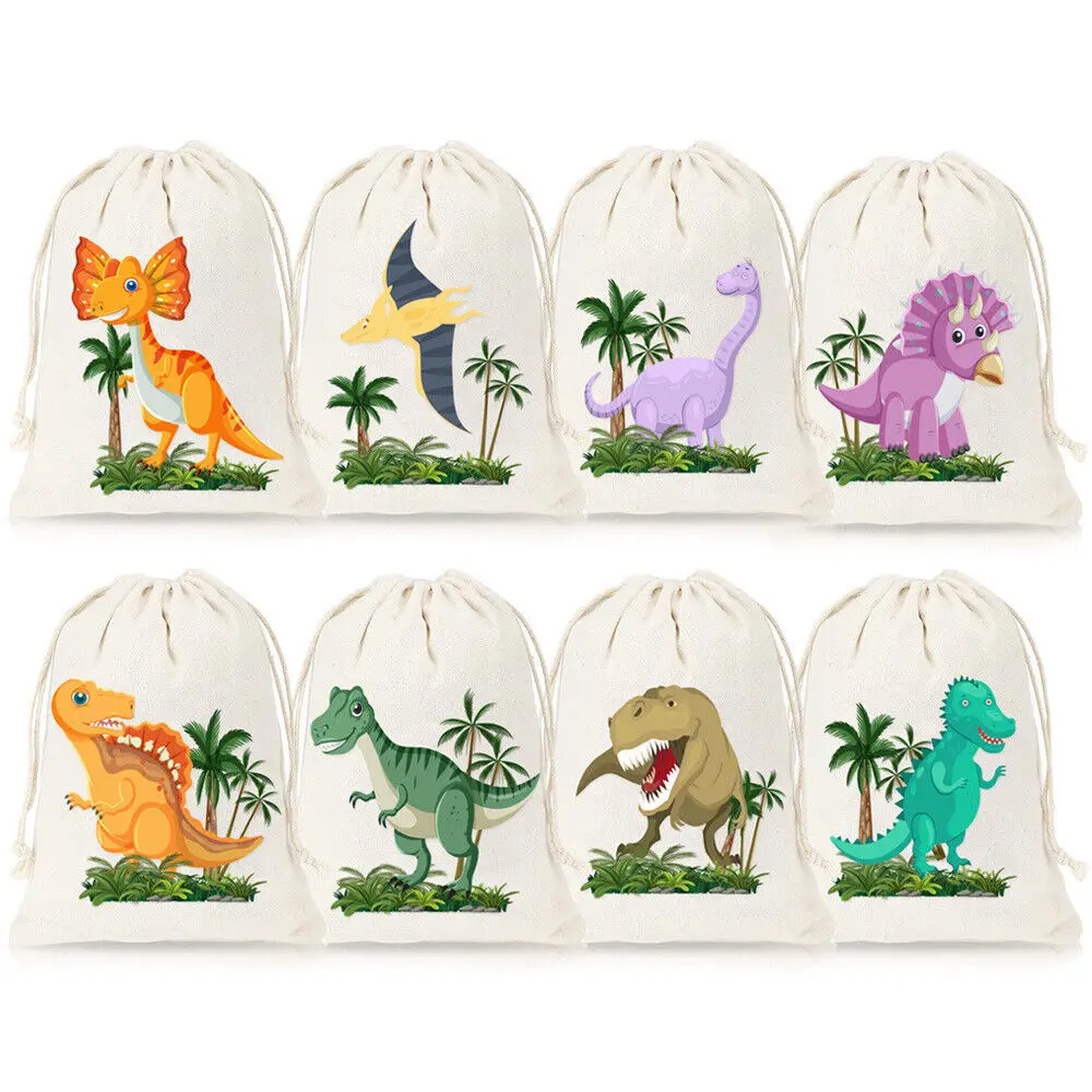 

New 8Pcs Dinosaur Burlap Gift Bags with Drawstring Candy Birthday Party Supplies Gift Jewelry Hessian Sack Pouches Packing Bags