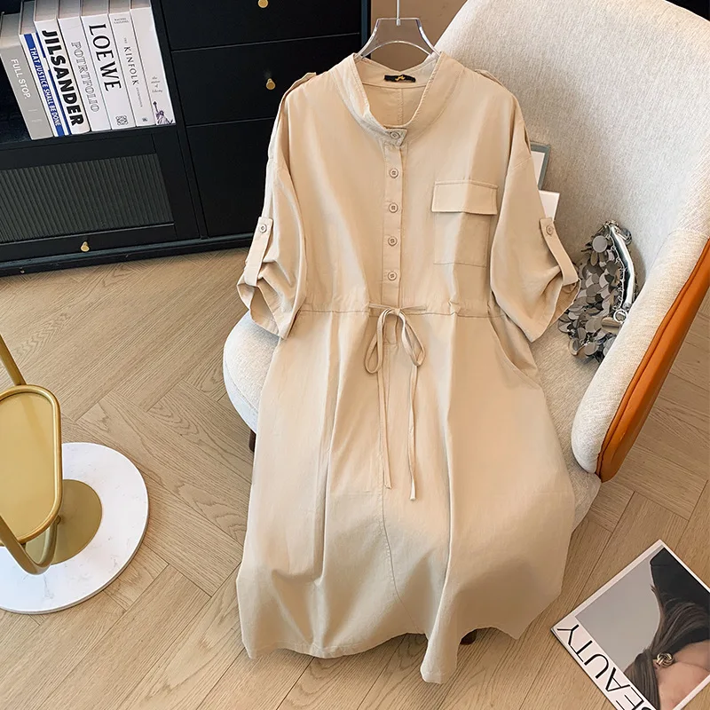 150Kg Plus Size Women's Summer Loose Cotton Shirt Dress Bust 152cm 5XL 6XL 7XL 8XL 9XL Temperament Waist Dress Black Khaki