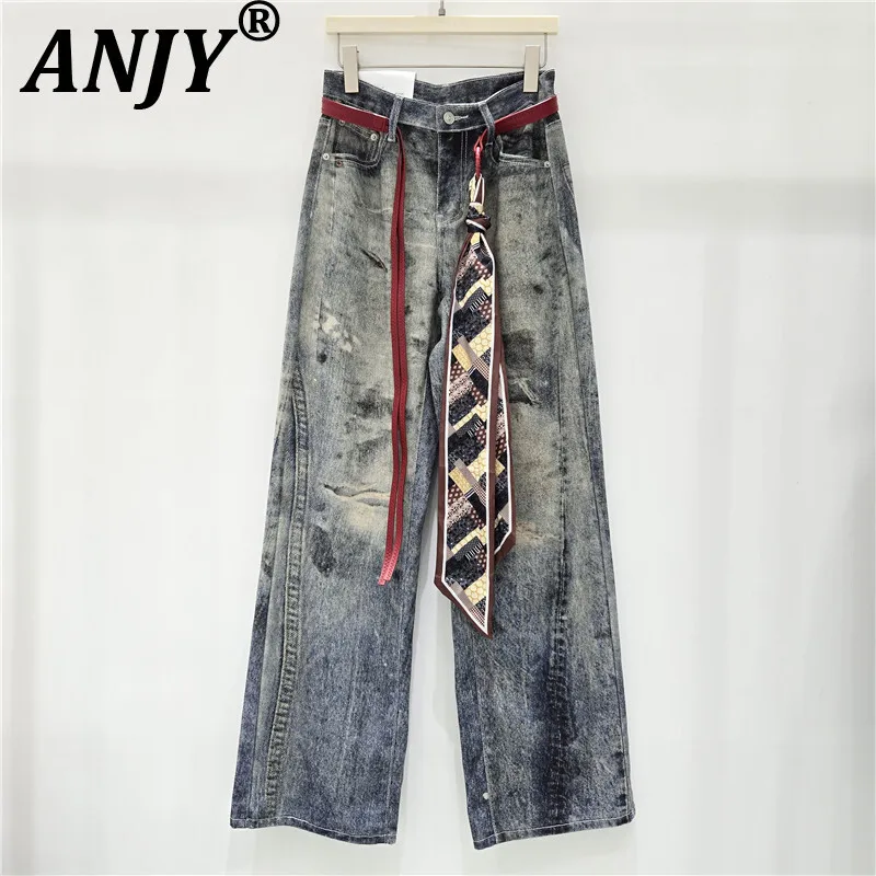 

ANJY Autumn New Women Trendy Jeans Washed Distressed Denim Belted Straight Casual American Retro Streetwear Stylish Pants A10088