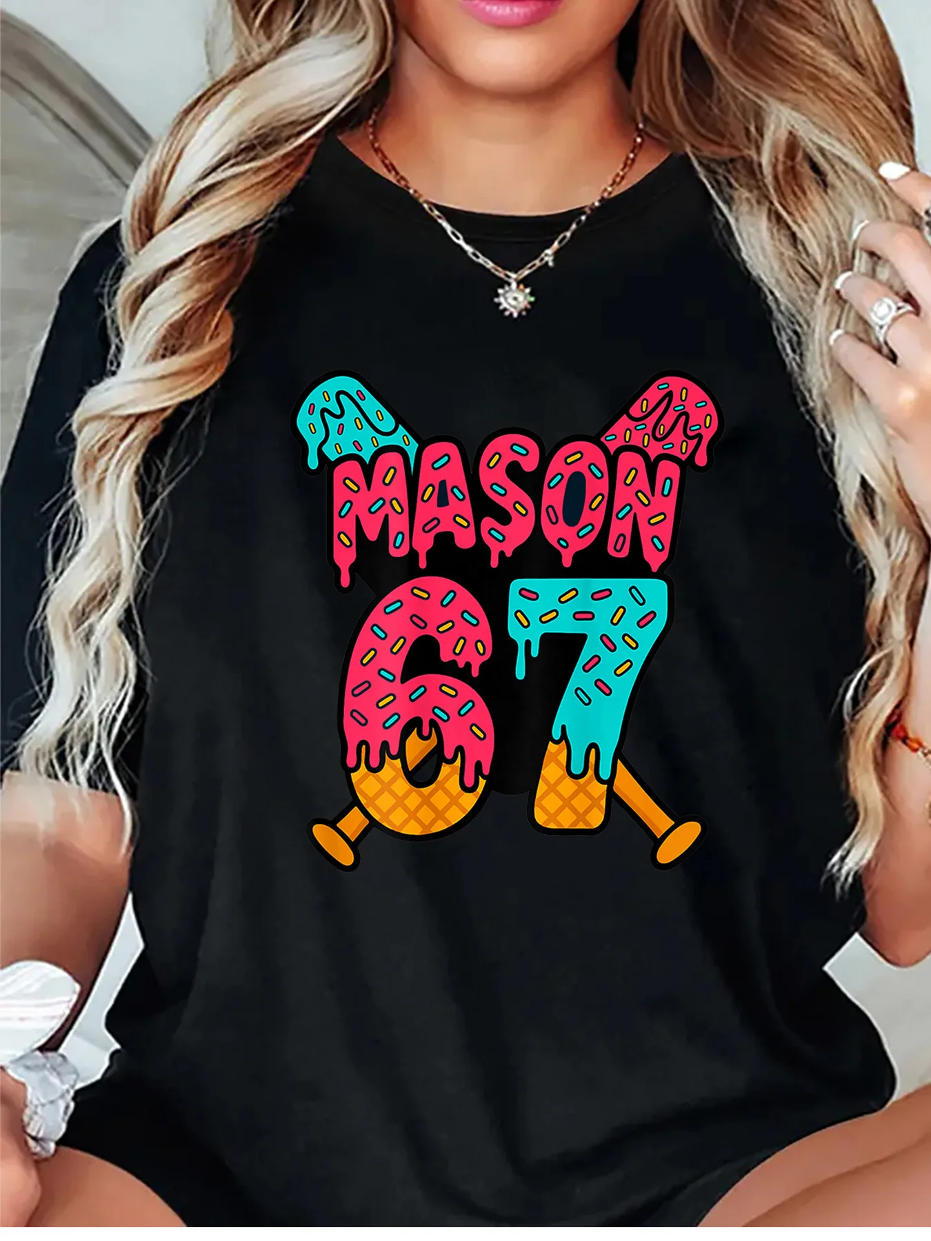 Cute Colorful Ice Cream Drip Style Mason 67 Letter Art Print Graphic Ladies T Shirt Short Sleeve Crew Neck Casual Tee Tops