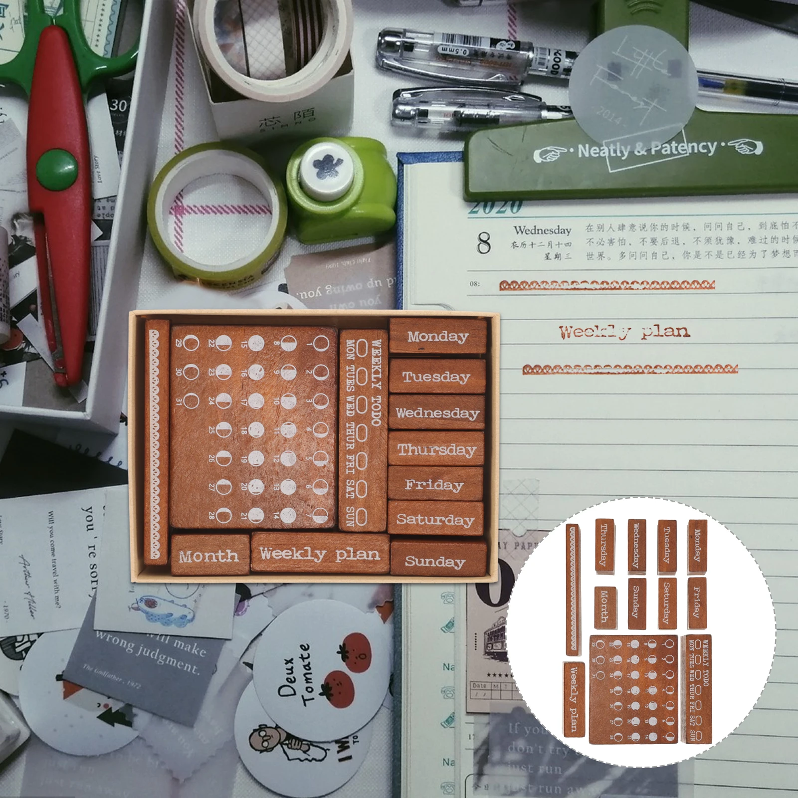 

12pcs Week Wooden Craft Scrapbook Set For Diary Decoration Gift Cards Journaling Supplies Wood Mini For