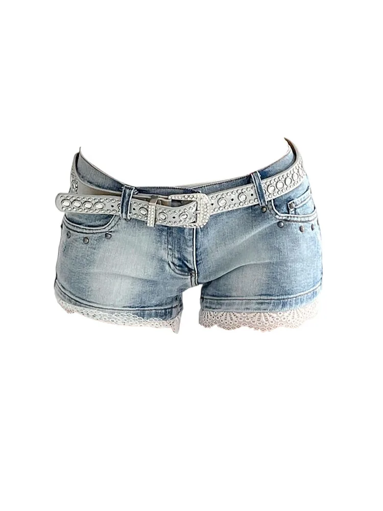 

American Style Fashion Lace Denim Shorts Women Sexy Slim Wrap Hip Low Waist Hot Pants Summer Y2k Gyaru Streetwear Straight Jeans