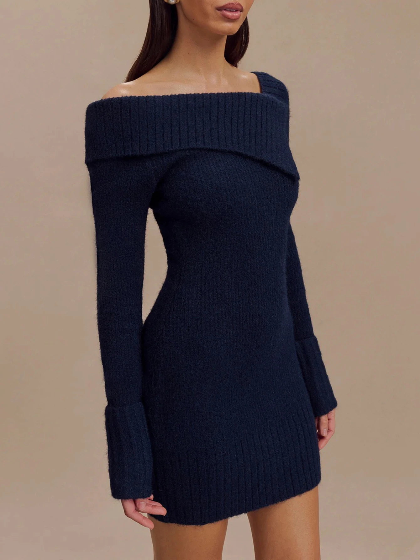 Women's Long Sleeve Mini Dress Autumn Winter Fashion Asymmetrical Solid Color Pencil Skirt Simple Lettuce Collar Date Dress