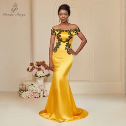 PoemsSongs Yellow Satin Mermaid Evening Dress with Black Lace Embellishments Sexy Off-Shoulder vestido de festa bridesmaid dress