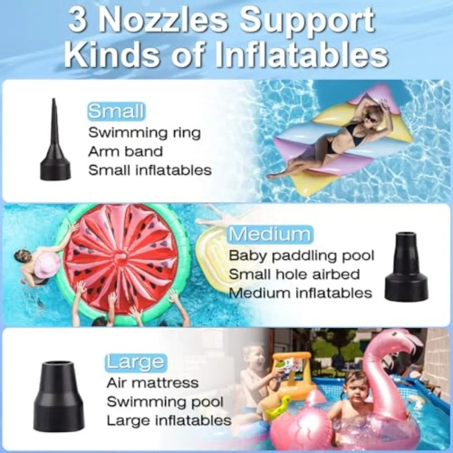 3T6B Elektrische luchtpomp voor opblaasboten Draadloze luchtpomp op batterijen voor matras met 3 mondstukken QuickFill Blower-inflator